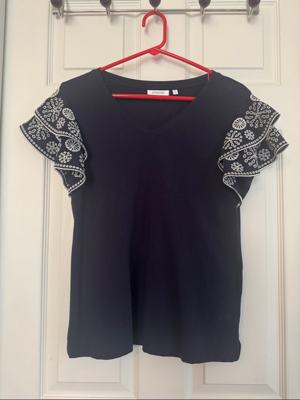 Chico's Navy V-Neck Tee with White Embroidered Ruffle Sleeves